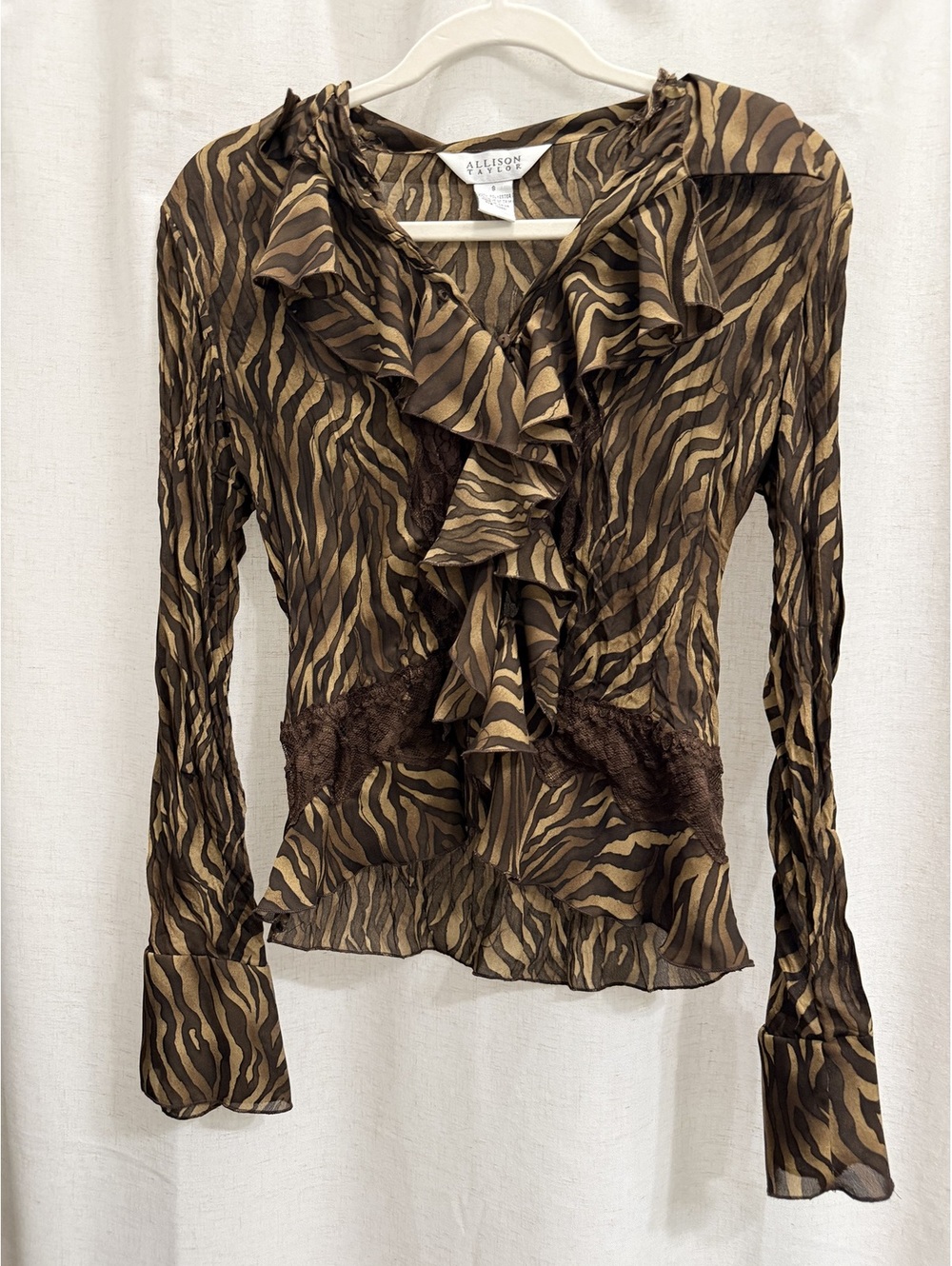 Allison Taylor Sz S Women's Brown Zebra Print Ruffle Blouse